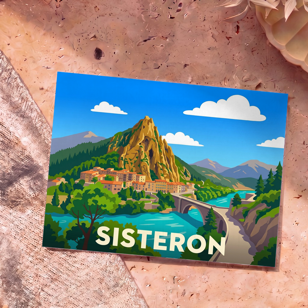Carte postale souvenir de la ville de Sisteron avec une illustration stylisée de son rocher et de la rivière Durance.
