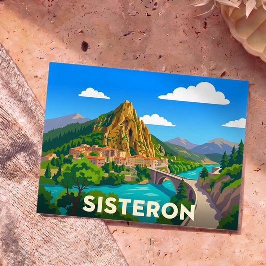 Carte postale souvenir de la ville de Sisteron avec une illustration stylisée de son rocher et de la rivière Durance.