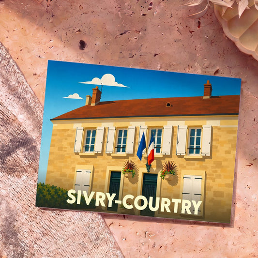 Carte postale souvenir de la ville de Sivry-Courtry avec une illustration stylisée de la mairie.