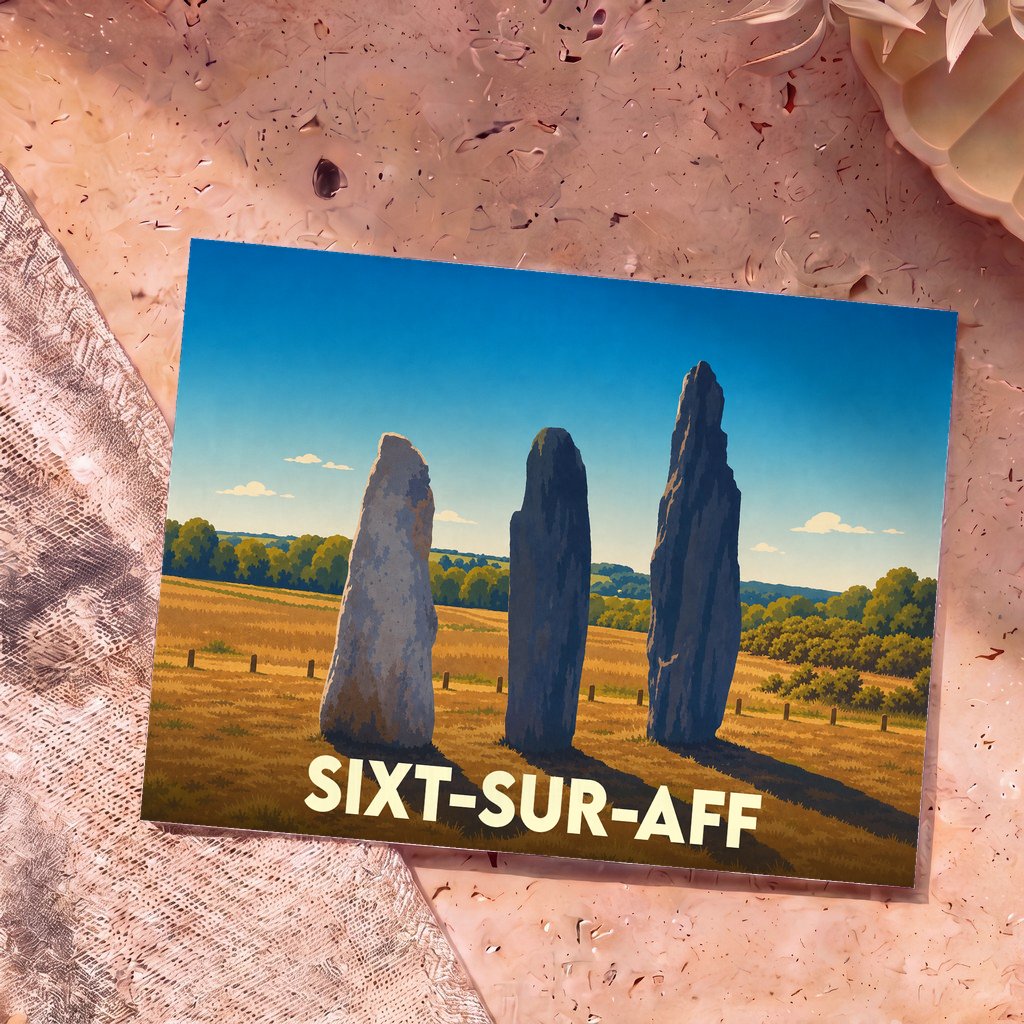 Carte postale souvenir de la ville de Sixt-sur-Aff illustrant trois menhirs stylisés dans un champ.