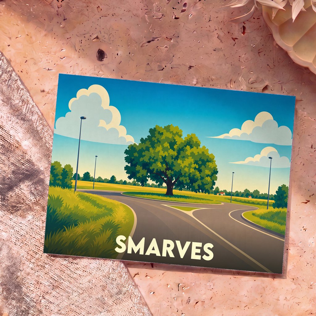 Carte postale souvenir de la ville de Smarves avec une illustration stylisée représentant un grand arbre au bord d'une route.