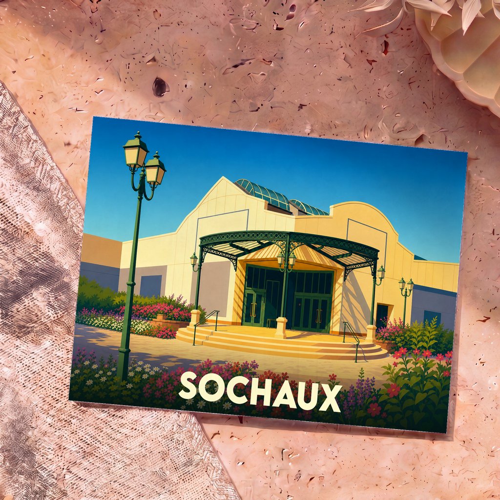 Carte postale souvenir de la ville de Sochaux avec une illustration stylisée d'un bâtiment emblématique.