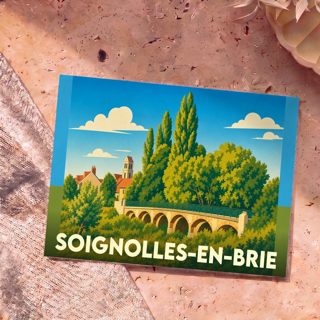 Carte postale souvenir de la ville de Soignolles-en-Brie avec une illustration stylisée de son pont et de son église.