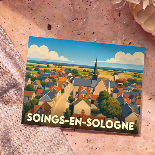 Carte postale souvenir de la ville de Soings-en-Sologne avec une illustration stylisée du village et de son église.