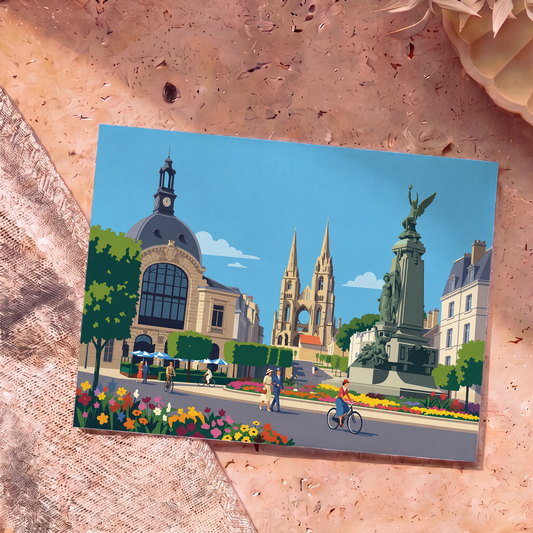 Carte postale souvenir de la ville de Soissons avec une illustration stylisée de ses monuments et personnages.