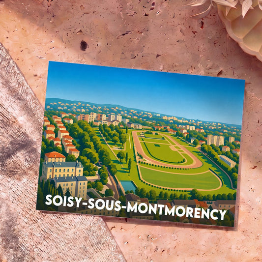 Carte postale souvenir de la ville de Soisy-sous-Montmorency avec une illustration stylisée de son hippodrome et de son paysage urbain.