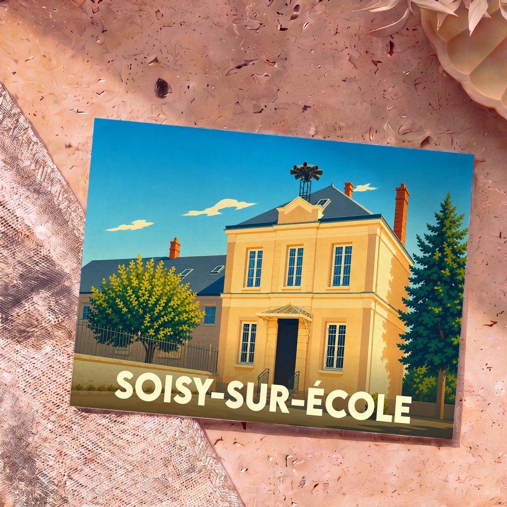 Carte postale souvenir de Soisy-sur-École illustrant la mairie dans un style graphique épuré.