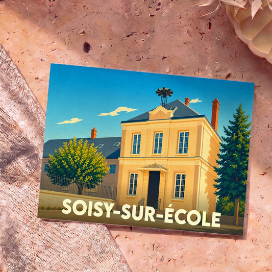 Carte postale souvenir de Soisy-sur-École illustrant la mairie dans un style graphique épuré.