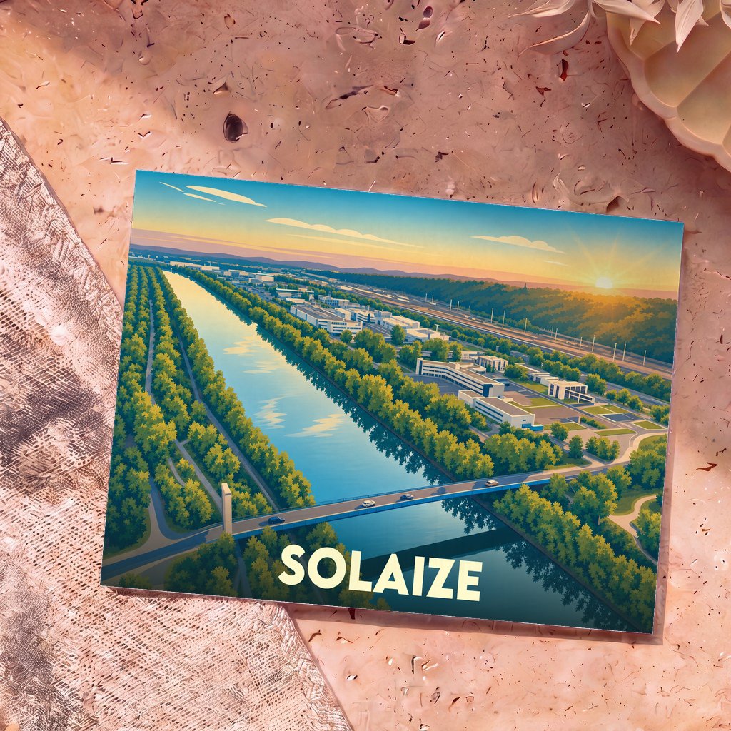 Carte postale souvenir de la ville de Solaize avec une illustration stylisée représentant le canal, la verdure et un coucher de soleil.