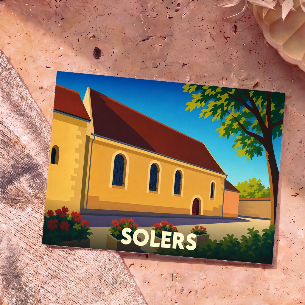 Carte postale souvenir de la ville de Solers illustrant son église avec un style graphique épuré et coloré.