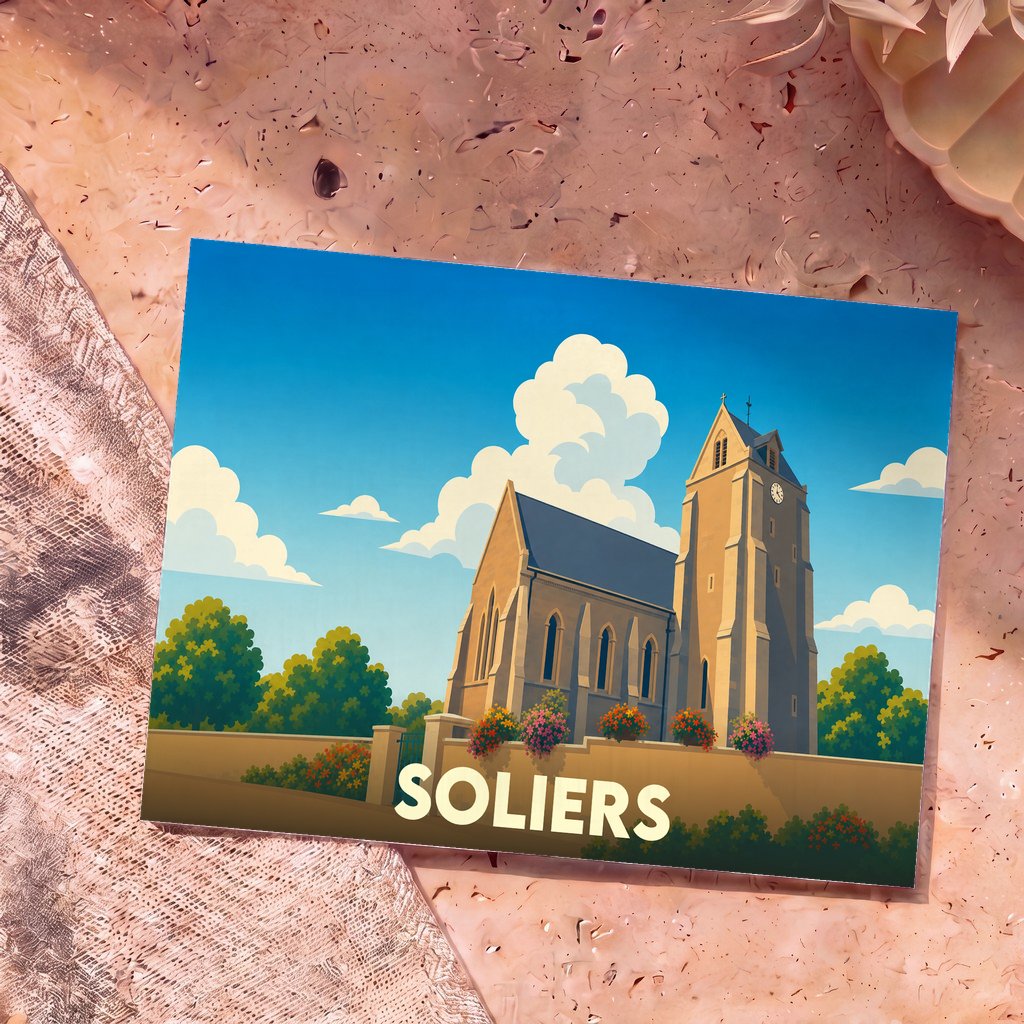 Carte postale souvenir de la ville de Soliers avec une illustration stylisée de son église sous un ciel azur.
