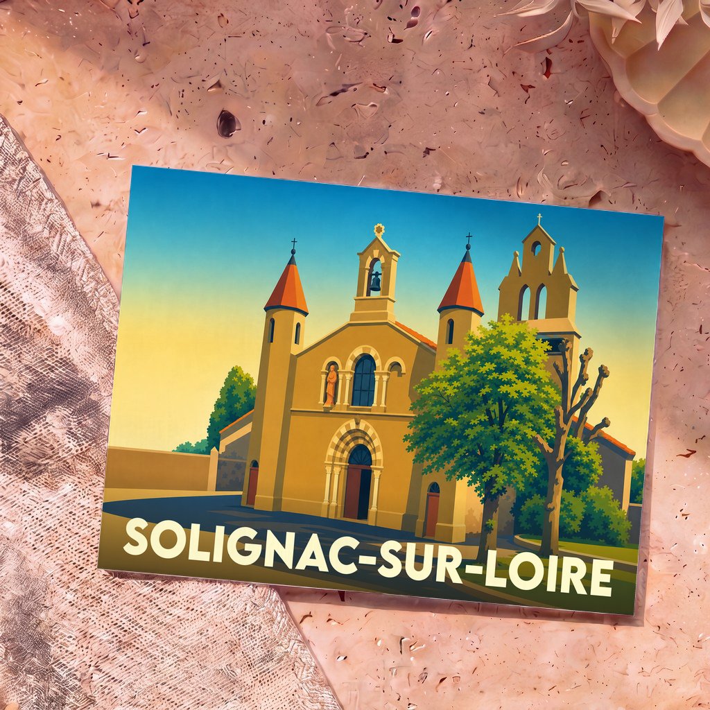 Carte postale souvenir de la ville de Solignac-sur-Loire avec une illustration stylisée de son église.