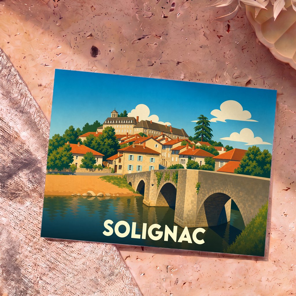 Carte postale souvenir de la ville de Solignac avec une illustration stylisée d'un pont en pierre et d'un village pittoresque.