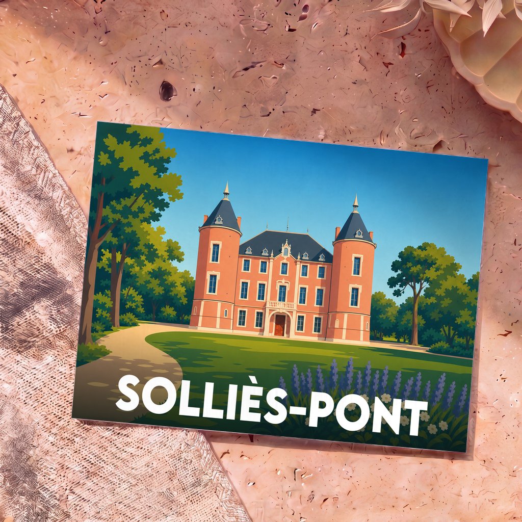 Carte postale souvenir de la ville de Solliès-Pont illustrant son château avec un style graphique épuré.