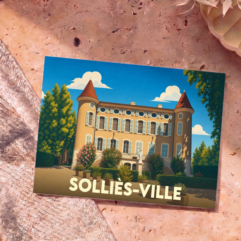 Carte postale souvenir de la ville de Solliès-Ville illustrant son château provençal dans un style graphique et coloré.