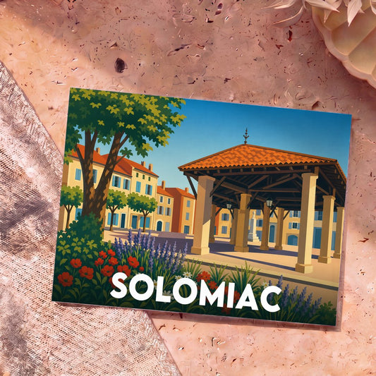 Carte postale souvenir de la ville de Solomiac avec une illustration stylisée de sa halle centrale et ses façades colorées.