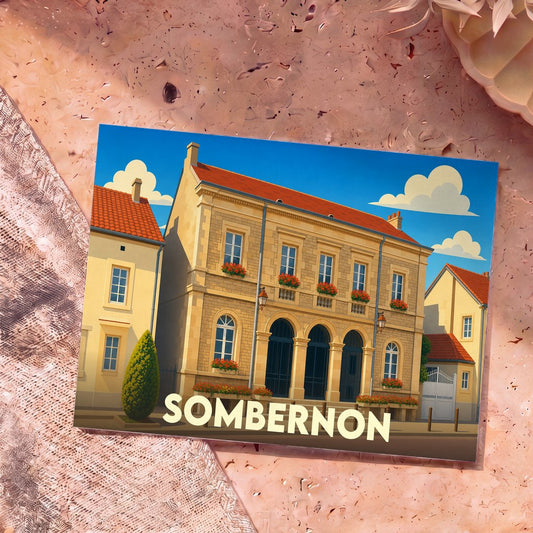 Carte postale souvenir de la ville de Sombernon avec une illustration stylisée de son architecture.