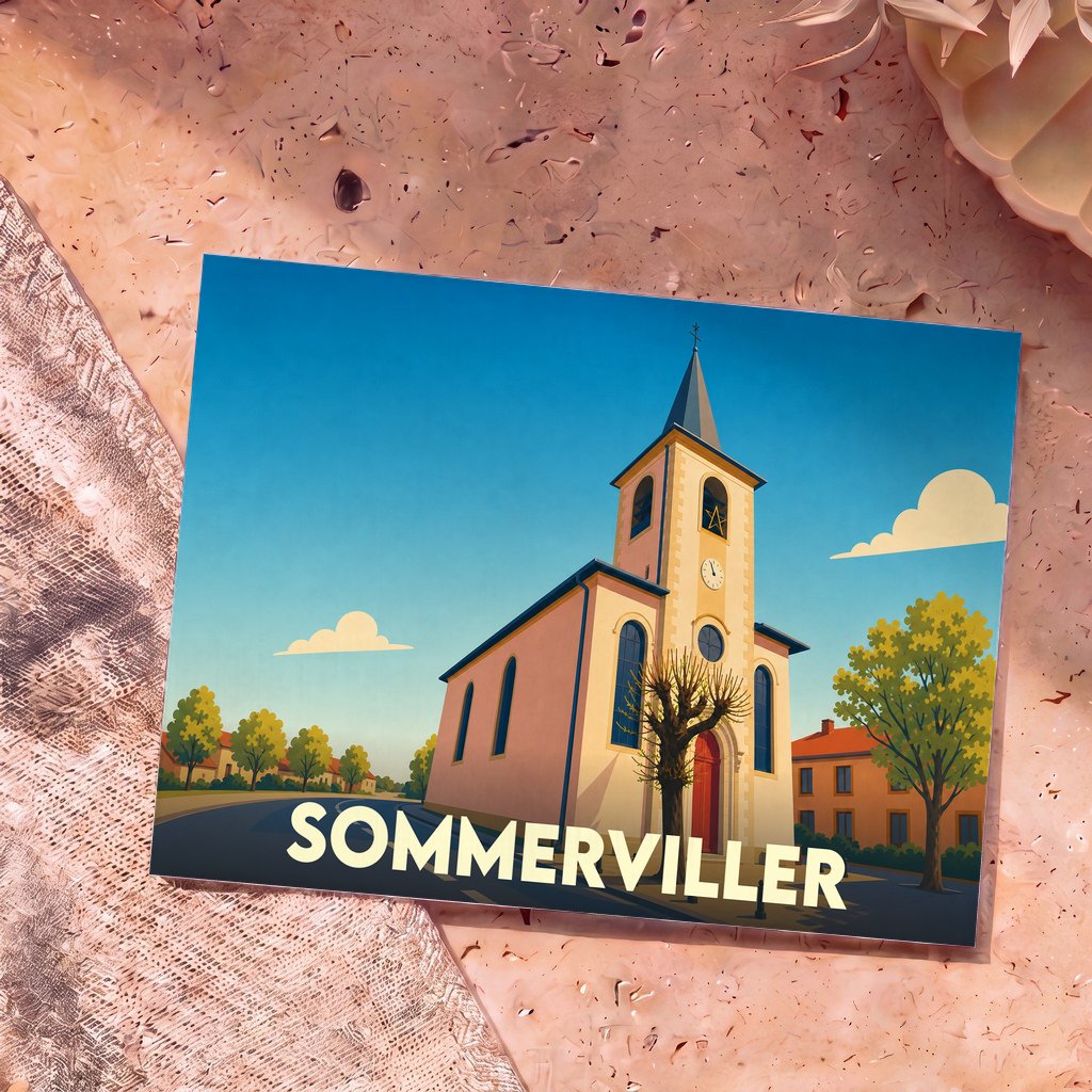 Carte postale souvenir de la ville de Sommerviller avec une illustration stylisée de son église.