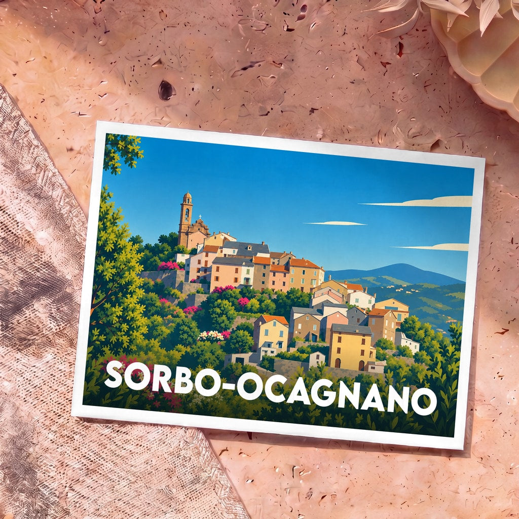 Carte postale souvenir de la ville de Sorbo-Ocagnano avec une illustration stylisée et colorée du village.