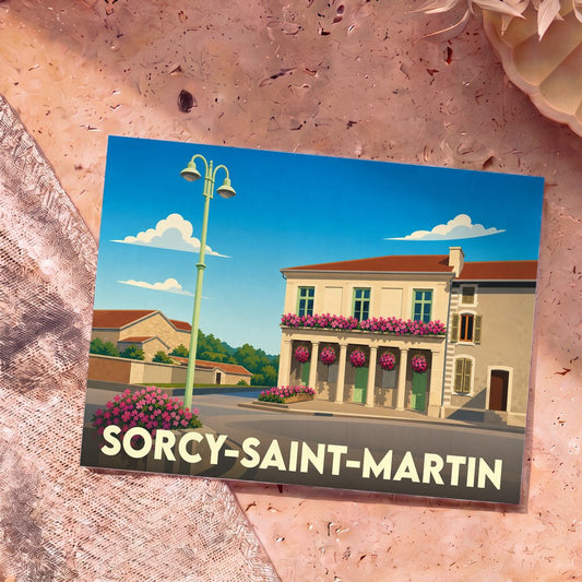 Carte postale souvenir de la ville de Sorcy-Saint-Martin avec une illustration stylisée de sa mairie fleurie.