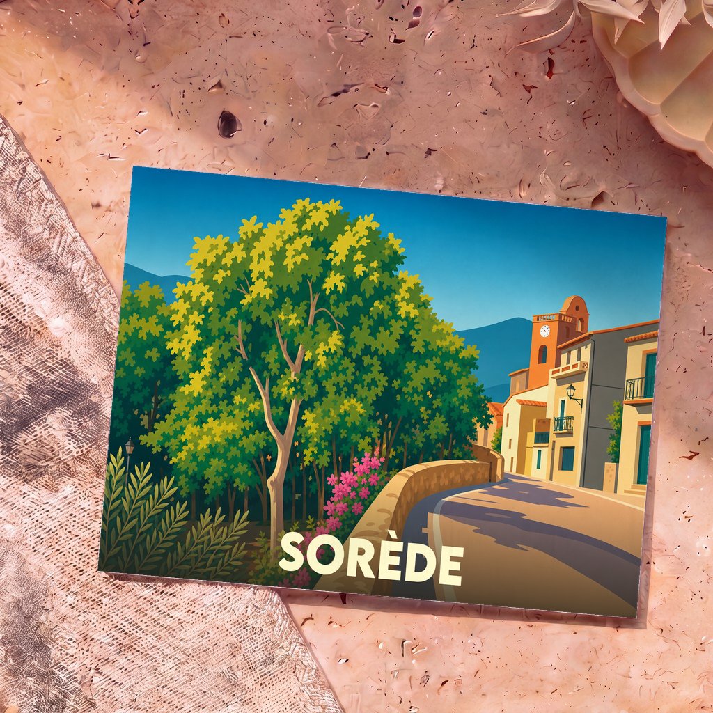 Carte postale souvenir de la ville de Sorède avec une illustration colorée et stylisée d'une rue ensoleillée.
