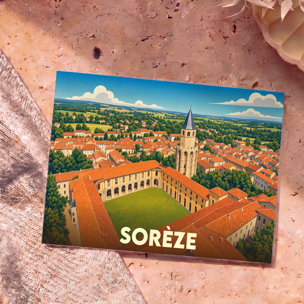 Carte postale souvenir de la ville de Sorèze avec une illustration stylisée vue du ciel.