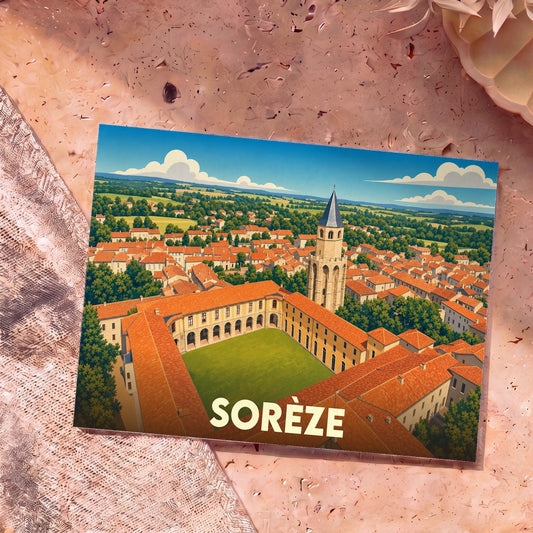 Carte postale souvenir de la ville de Sorèze avec une illustration stylisée vue du ciel.