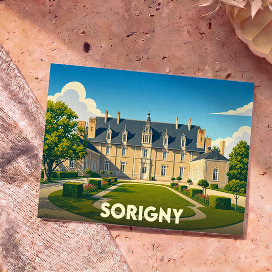 Carte postale souvenir de la ville de Sorigny illustrant un château majestueux dans un style graphique épuré.