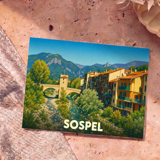 Carte postale souvenir de la ville de Sospel avec une illustration stylisée de son célèbre pont médiéval et de ses montagnes.