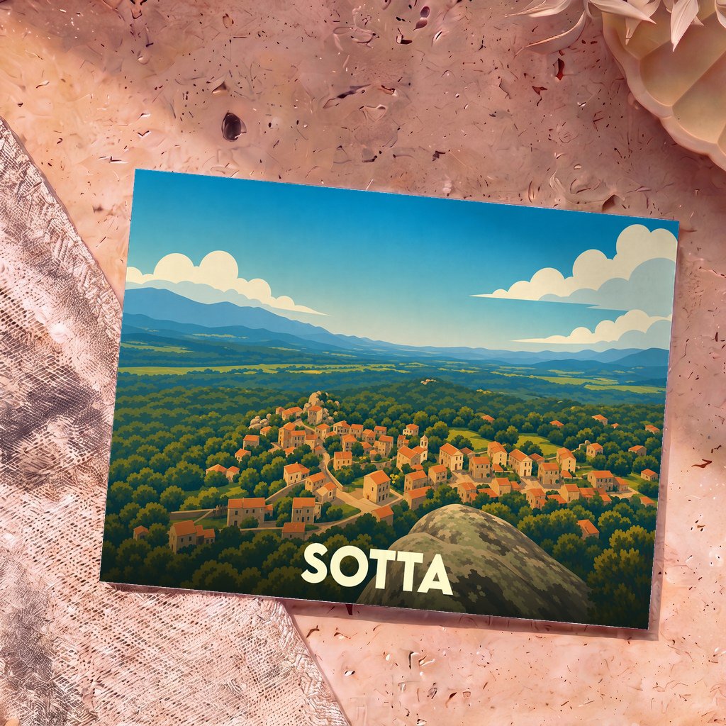 Carte postale souvenir de la ville de Sotta avec une illustration stylisée de ses maisons nichées dans une vallée verdoyante.