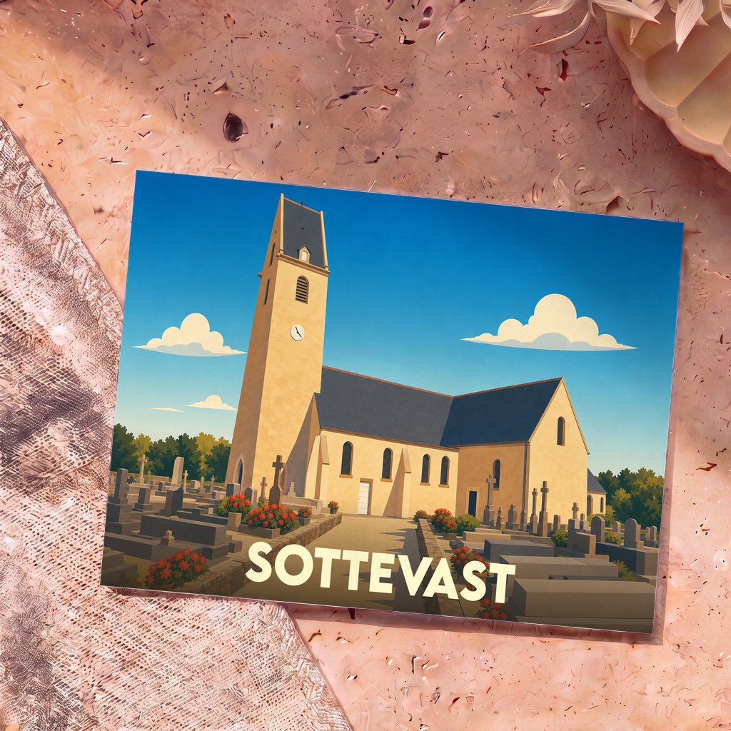 Carte postale souvenir de la ville de Sottevast avec une illustration stylisée de son église et de son cimetière.
