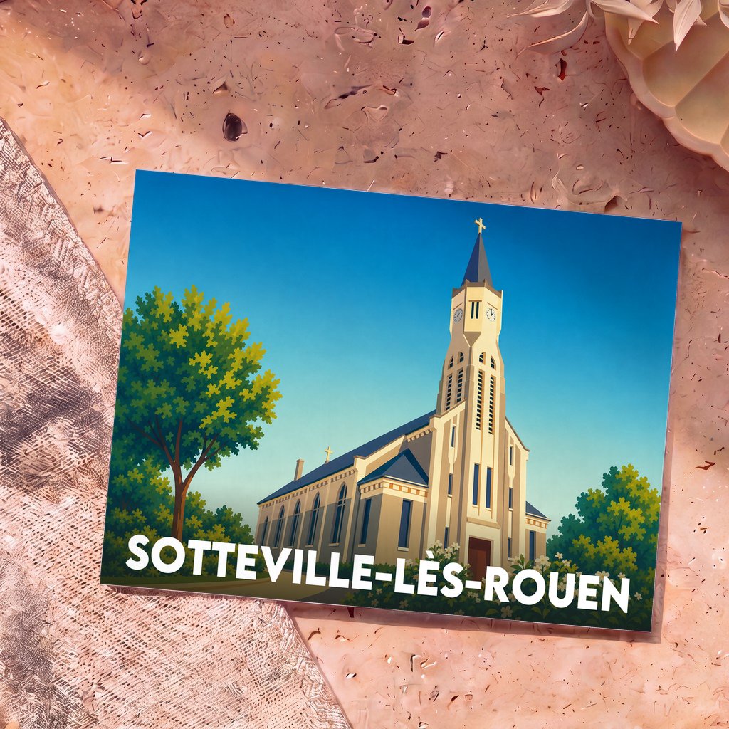Carte postale souvenir de la ville de Sotteville-lès-Rouen avec une illustration stylisée d'une église.