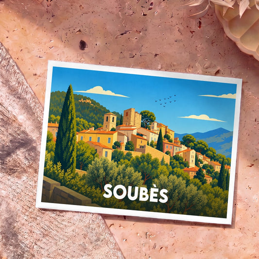 Carte postale souvenir de la ville de Soubès avec une illustration stylisée.