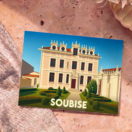 Carte postale souvenir de la ville de Soubise avec une illustration stylisée de son patrimoine architectural.