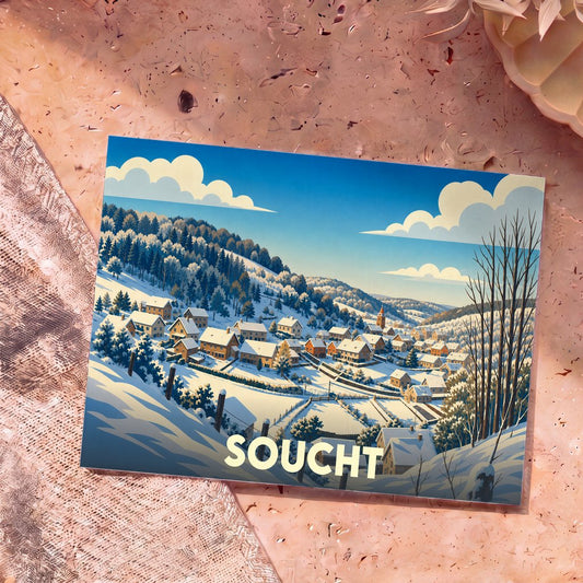 Carte postale souvenir de la ville de Soucht avec une illustration stylisée d'un village enneigé.