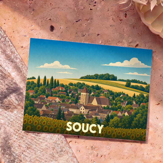 Carte postale souvenir de la ville de Soucy avec une illustration stylisée.