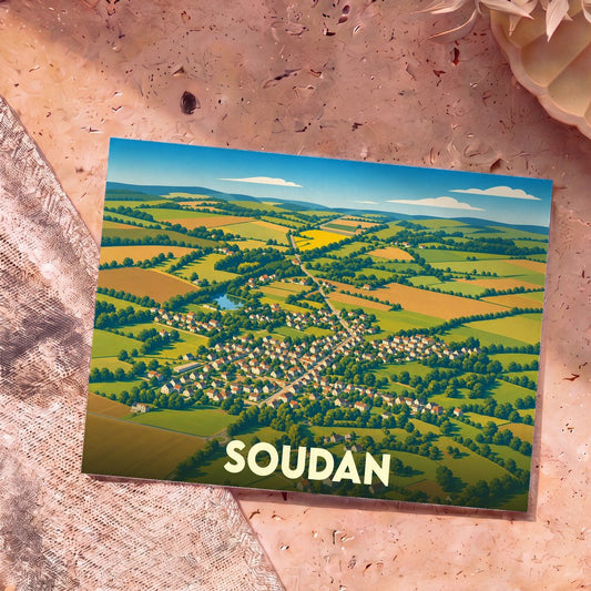 Carte postale souvenir de la commune de Soudan avec une illustration aérienne et stylisée de ses paysages.