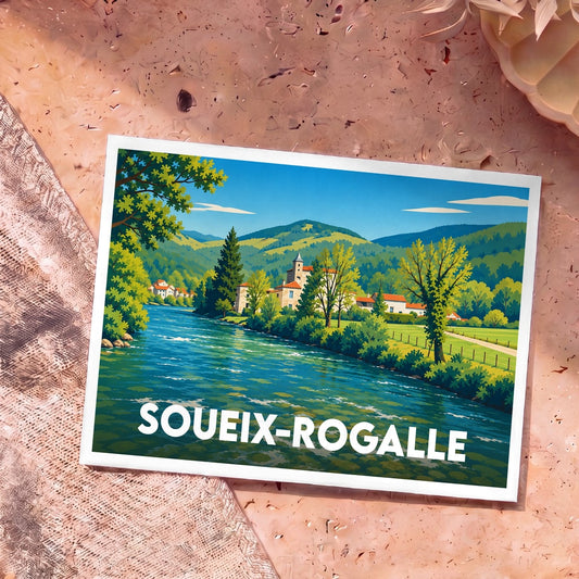 Carte postale souvenir de la ville de Soueix-Rogalle avec une illustration stylisée d'un village au bord de l'eau.
