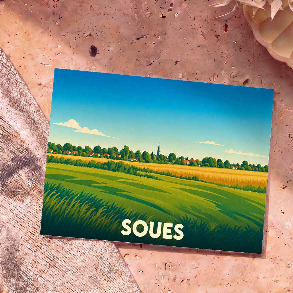 Carte postale souvenir de la ville de Soues avec une illustration stylisée de champs et d'un village.