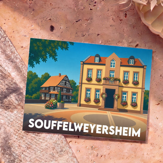 Carte postale souvenir de la ville de Souffelweyersheim avec une illustration stylisée de bâtiments traditionnels alsaciens.