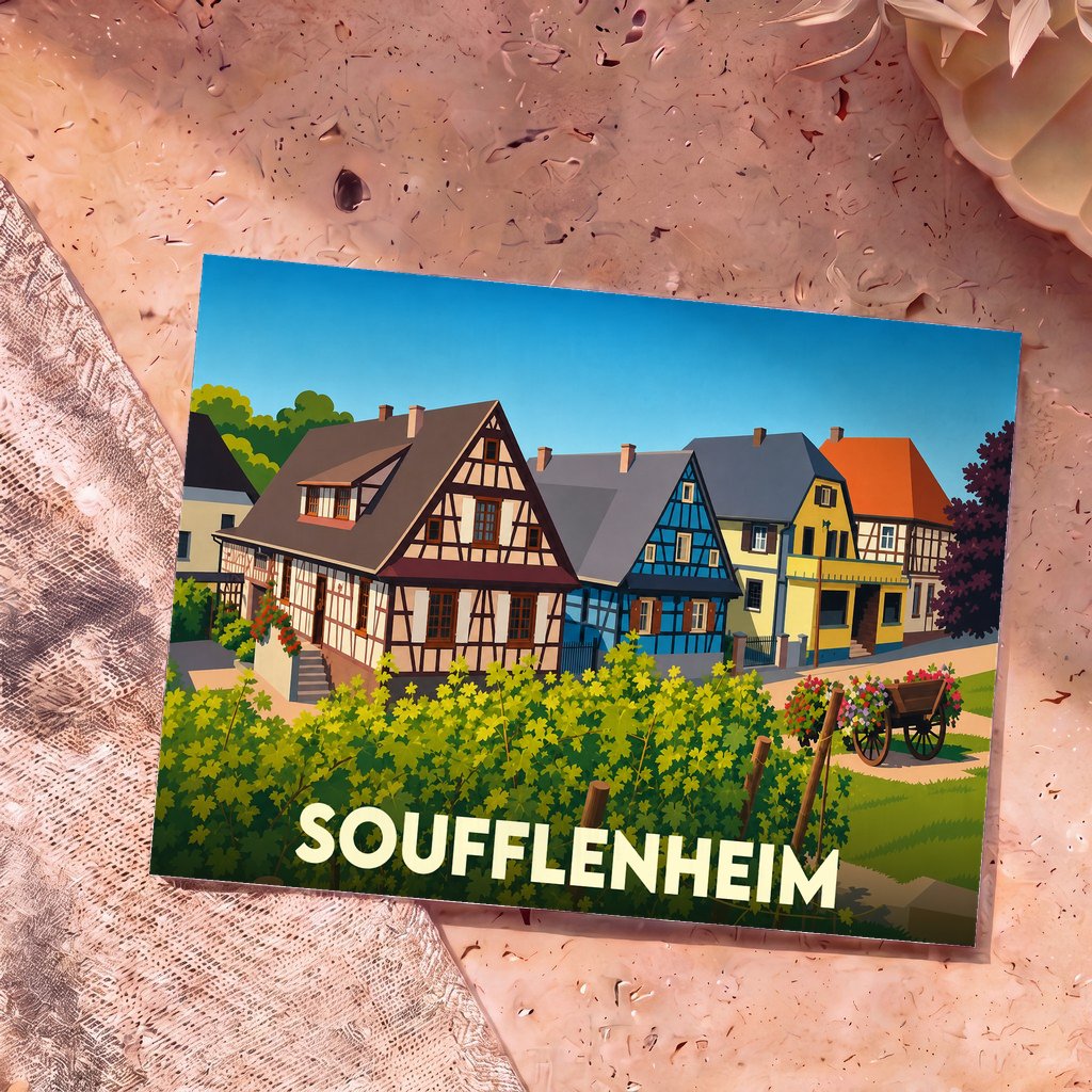 Carte postale souvenir de la ville de Soufflenheim présentant une illustration colorée de maisons à colombages alsaciennes.