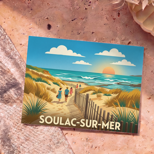 Carte postale souvenir de Soulac-sur-Mer illustrant une plage sauvage au coucher du soleil dans un style rétro.