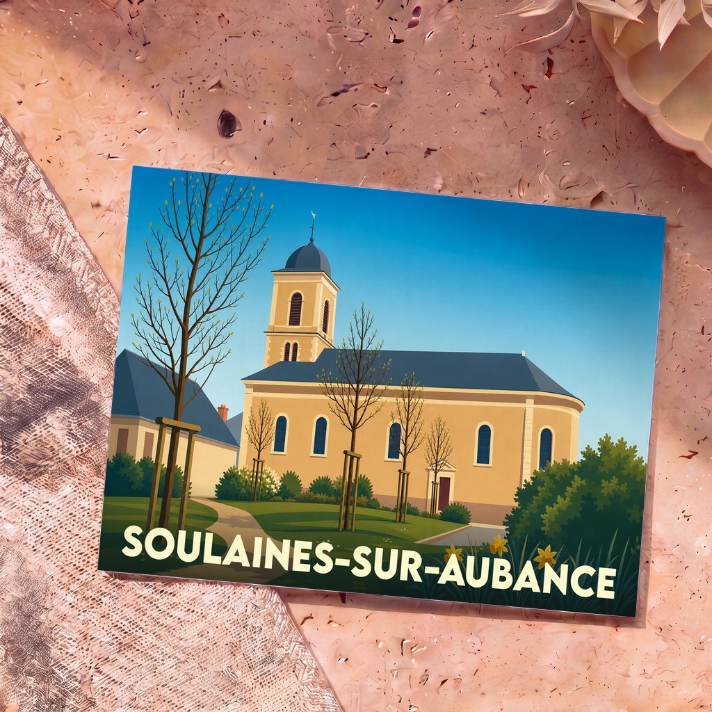 Carte postale souvenir de la ville de Soulaines-sur-Aubance avec une illustration stylisée de son église.