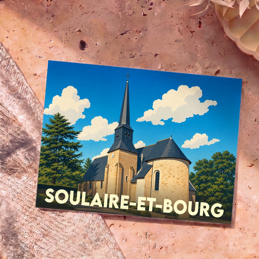 Carte postale souvenir de la ville de Soulaire-et-Bourg avec une illustration stylisée de son église sous un ciel bleu.