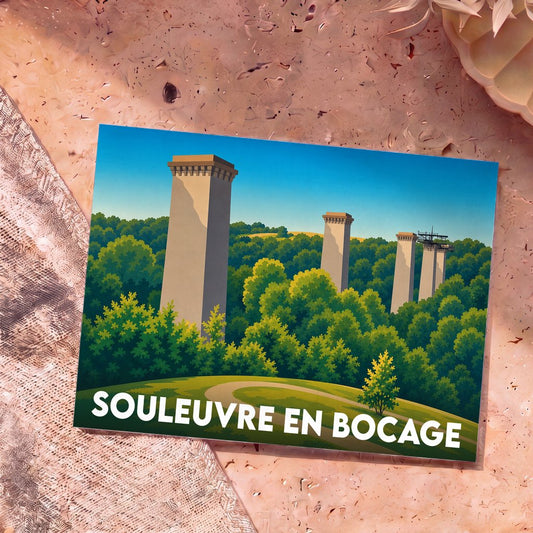 Carte postale souvenir de la ville de Souleuvre en Bocage avec une illustration stylisée du viaduc surplombant la forêt.