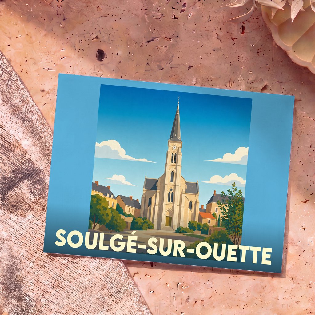 Carte postale souvenir de la ville de Soulgé-sur-Ouette avec une illustration stylisée de son église.