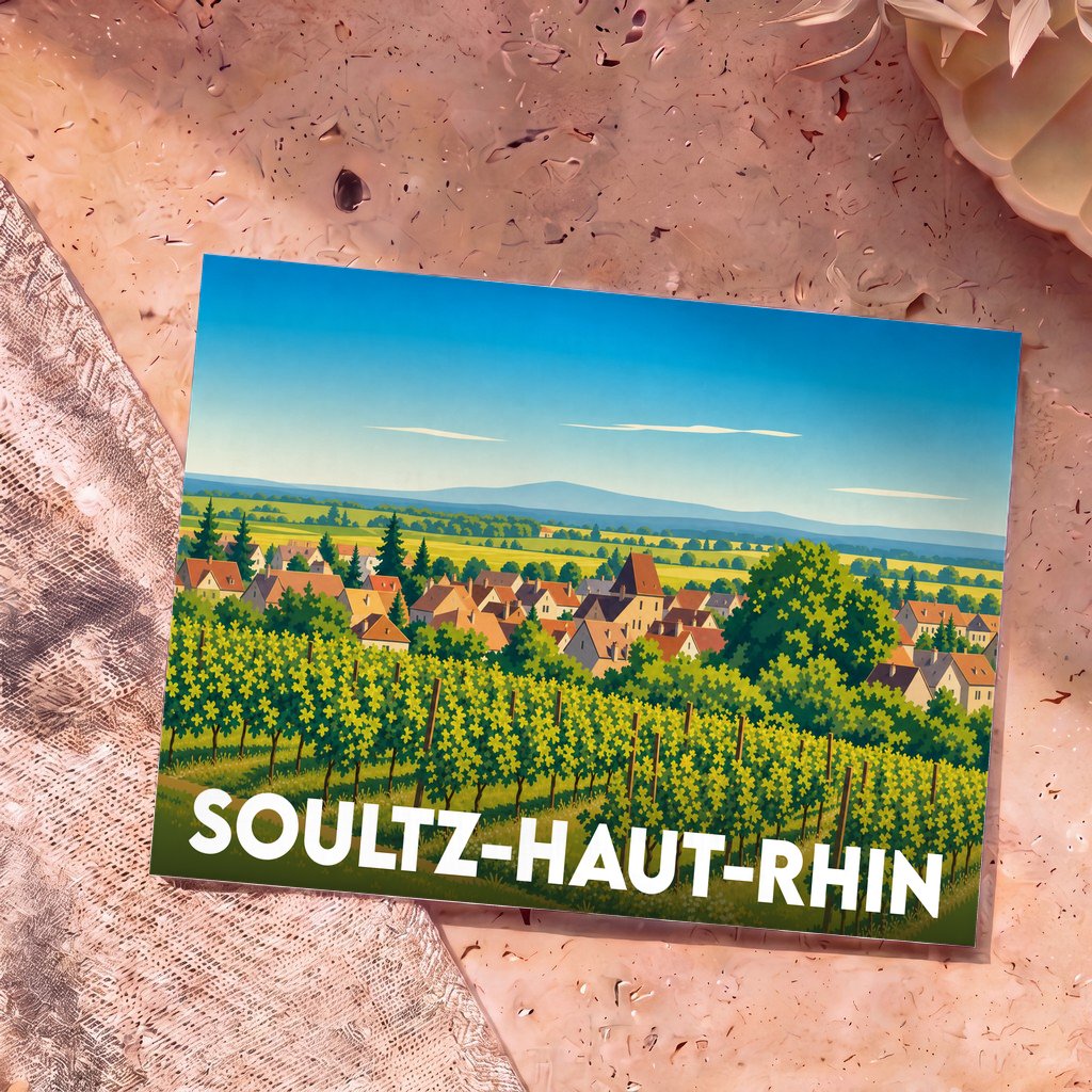 Carte postale souvenir de la ville de Soultz-Haut-Rhin avec une illustration stylisée de son vignoble et de ses toits.