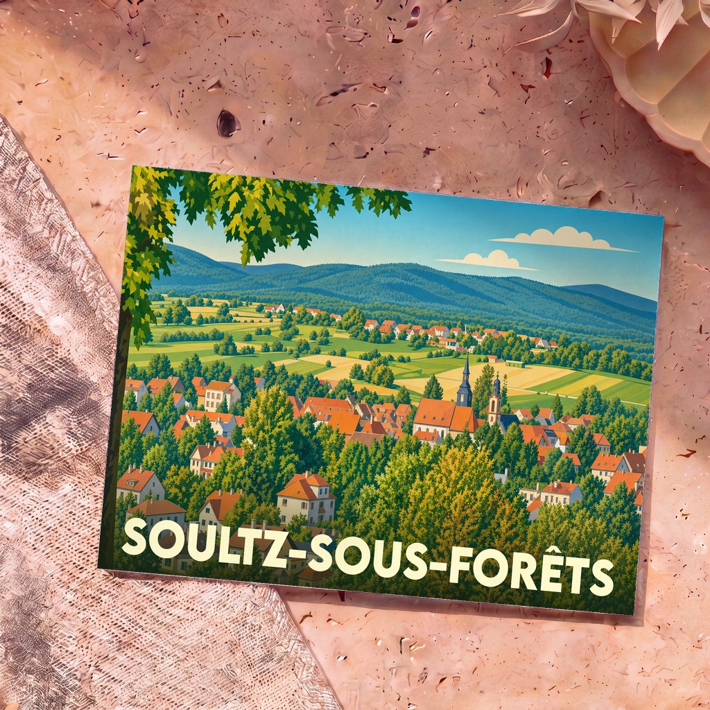 Carte postale souvenir de la ville de Soultz-sous-Forêts avec une illustration stylisée d'un paysage alsacien.
