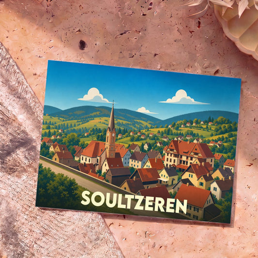 Carte postale souvenir de la ville de Soultzeren avec une illustration stylisée d'un village alsacien niché dans les montagnes.