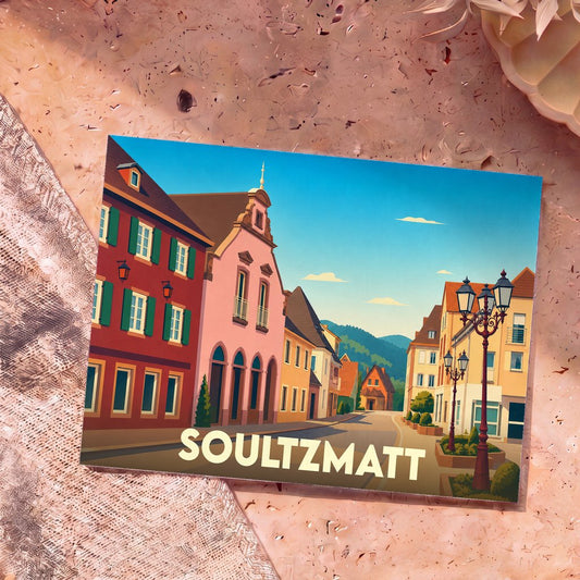 Carte postale souvenir de la ville de Soultzmatt illustrée d'un dessin coloré de ses rues pittoresques.